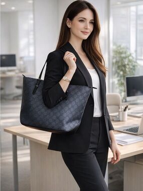 Nine West Tote Bag Gray Black Logo Shoulder Purse Large Zip Everyday Chic NWOT!